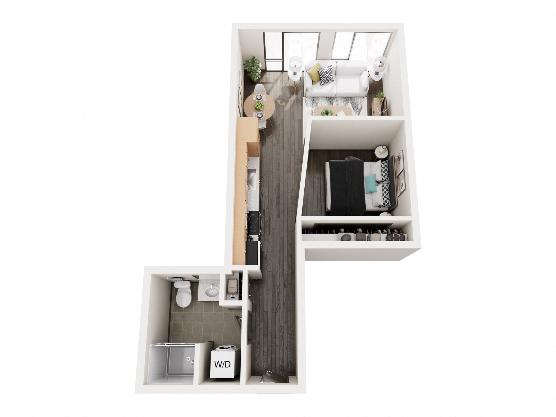 Floor plan for 1 bed, 1 bath, 569 sqft